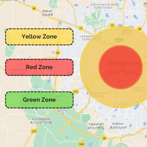 Zone informations for red, green, and yellow zones in India. 